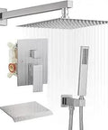 Brushed Nickel 12 Inch Square Rain Shower System With 3 Function Pressure Balancing Valve, Wall Mount Rainfall Head And Handheld