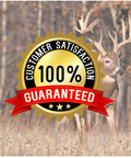 Customer satisfaction guaranteed badge with a deer in the background