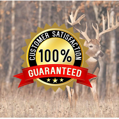 Customer satisfaction guaranteed badge with a deer in the background