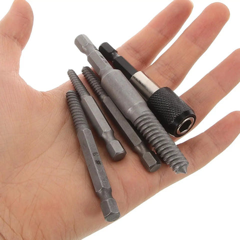 BESPORTBLE Heavy Duty Screw Extractor Kit With Hex Shank For Popping Out Broken Bolts And Damaged Screws Size #1 Through #5 Steel Construction Perfect For Home Repairs DIY Projects And Garage Jobs, five steel extractors in hand
