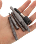 Grab This Bad Ass Stripped Screw Extractor Kit For Tough Jobs, Featuring Heavy Duty Steel Build And #1 To #5 Sizes Perfect For DIY Heroes Or Pros Who Hate Broken Bolts On Any Home Repair Project Today. steel screw extractor bits in hand, #1 to #5 sizes