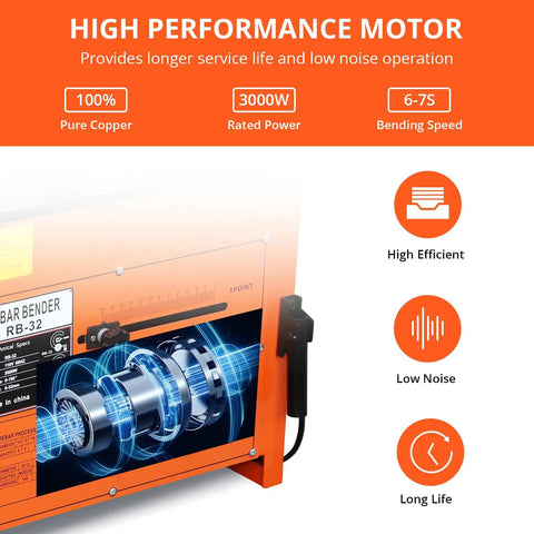 Industrial Strength 3000W Hydraulic Steel Rod Bender With Foot Pedal shows high performance motor details and specs.