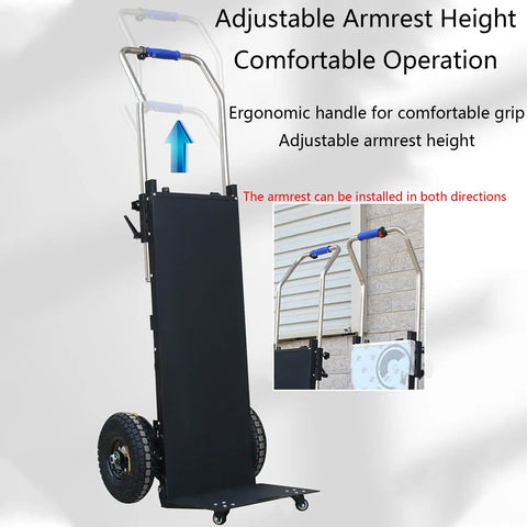 Heavy Duty Electric Stair Climbing Hand Truck That Actually Crushes Any Load With Ease For Heavy Furniture Moving And Sturdy Aerospace Steel Built To Handle Up to 882 Pounds Like A Champ Every Single Time with adjustable armrest height.