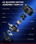 AC Blower Motor Assembly Display showing components like blower wheel, bearing, base, and module unit for Dodge ProMaster 1500 2500 3500.