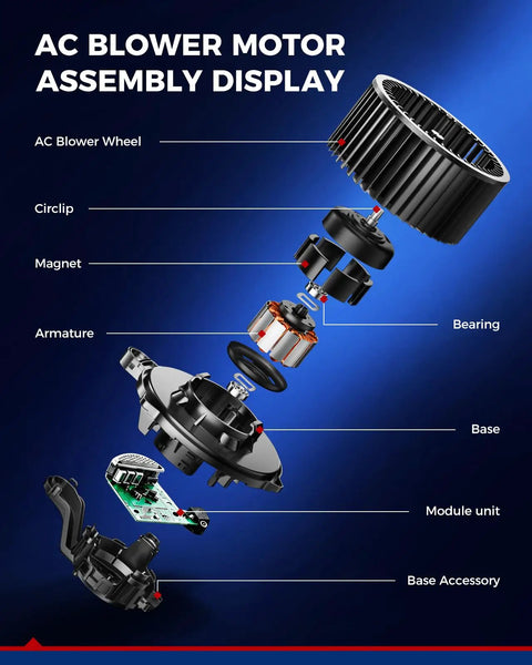 AC Blower Motor Assembly Display showing components like blower wheel, bearing, base, and module unit for Dodge ProMaster 1500 2500 3500.