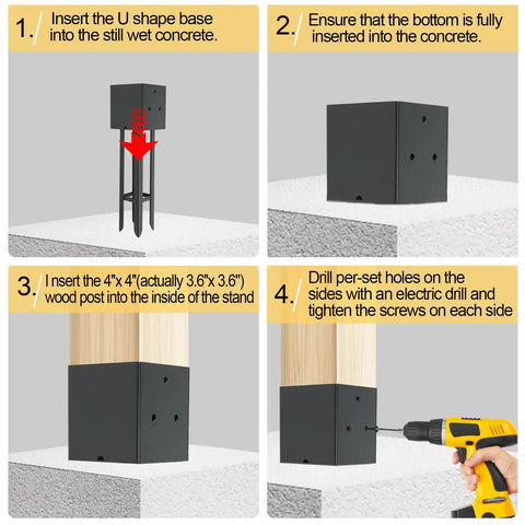 Pair Of 4x4 Concrete Post Anchors For Wet Foundations, Actual 3.6x3.6 Inch, Beefy Heavy-Duty Powder-Coated Steel Post Base Holders For Fence, Deck, Railing, And Pergola Wood Posts