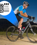 Cyclist riding with Front Fork Mounted Water Bottle Cage And Cargo Rack For Bikes, kit displayed, ideal for mountain biking.