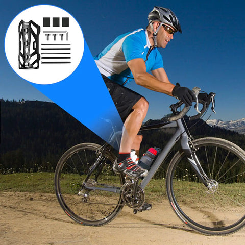 Cyclist riding with Front Fork Mounted Water Bottle Cage And Cargo Rack For Bikes, kit displayed, ideal for mountain biking.