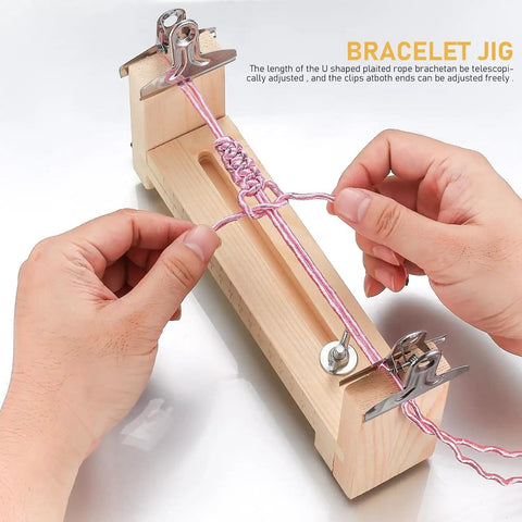 Dope Wood Bracelet Jig Kit For DIY Paracord Knitting And Bracelet Making With U Shape Clear Scale And Two Clamps Free Size Length Durable Wood Maker Tool Set For Easy Handmade Jewelry Projects showing hands weaving paracord