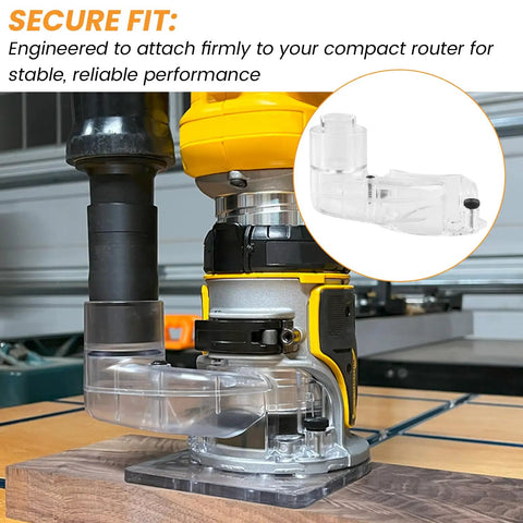 Slick Router Dust Collection Adapter Built For Dewalt Dwp611 And Dwp611pk Compact Routers securely fitting on a router for dust collection.
