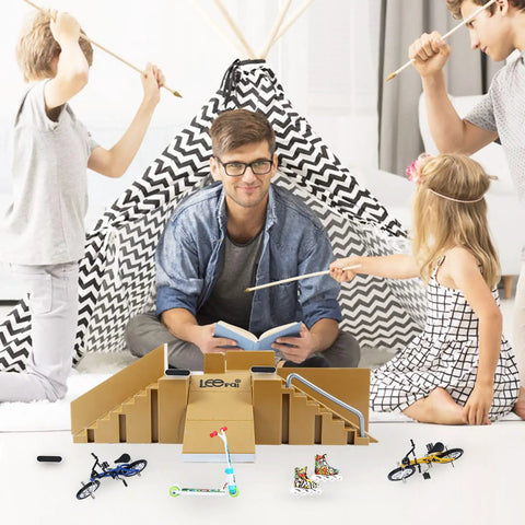 Family playing with Finger Skate Park Kit Bigger Ramp Set with five parts and toys, enhancing creativity and imagination.