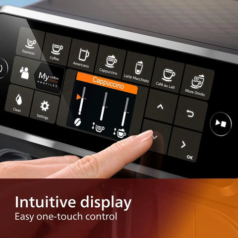 Top Tier Fully Automatic Espresso Machine Boasting A No Fuss LatteGo Milk Frother For Eight Rich Brews And A Sleek Touch Interface In Matte Black showing intuitive touch display and cappuccino option.