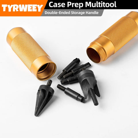 Case Prep Multitool kit with two orange aluminum storage handles and black deburring/reaming bits.