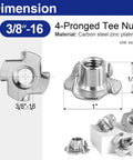50 Pack Three Eighth Inch 16 T Nuts For Wood Zinc Plated Carbon Steel Four Prong Tee Inserts shown with dimensions.