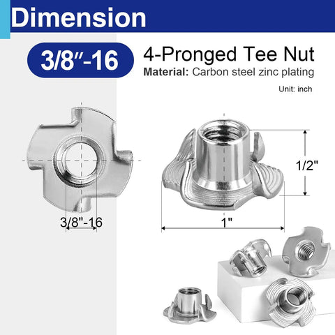 50 Pack Three Eighth Inch 16 T Nuts For Wood Zinc Plated Carbon Steel Four Prong Tee Inserts shown with dimensions.
