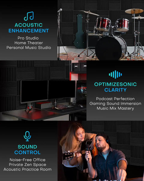 Fifty Pack High Density Acoustic Foam Panels For Walls Premium Thickness Sound Absorbing Studio Wedges in a music studio setting.