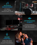 48 Pack Peel And Stick Acoustic Foam Wall Tiles, High Density Sound Absorbing Pads To Banish Echo, Fire Rated Noise Dampening Panels For Recording Studio Or Man Cave, Self Adhesive Black Squares, 12 By 12 By 1 Inch in a music studio with instruments.