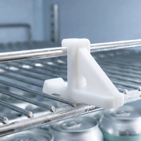 White plastic Ten Pack Refrigerator Shelf Support Clips And Freezer Bracket Set For Steady Fridge Shelves clipped on a metal rack