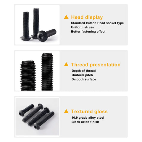 50Pcs M6 Button Head Socket Cap Screws Kit with 50 60 70 80mm lengths fully threaded 10.9 grade alloy steel black oxide finish