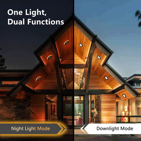 48 Pack 4 Inch LED Recessed Lights With Night Light Mode Ultra Thin Black Trim Downlights in night light and downlight modes on a house.