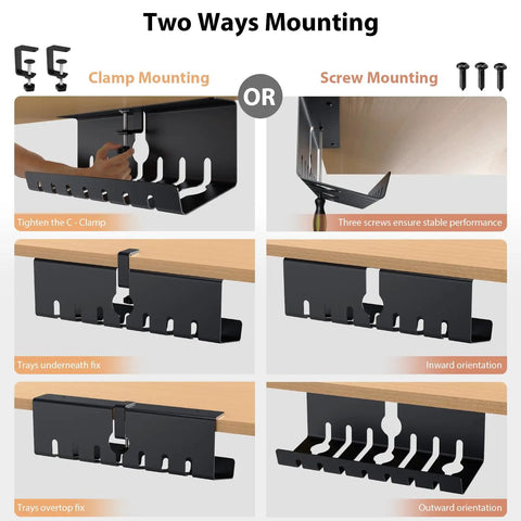 Heavy Duty Under Desk Cable Management Tray With No Drill C Clamp And Screw Mount 17 Inch Metal Cord Organizer for Home Office