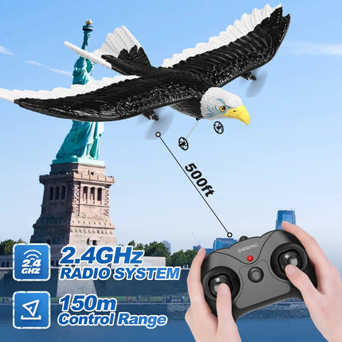 Remote Control Eagle Plane For Newbies And Kids 2.4GHz 2CH RC Airplane flying near Statue of Liberty, includes controller