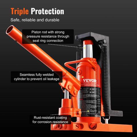 VEVOR hydraulic jack, orange air-hydraulic floor jack with toe lift and top lift, close-up view
