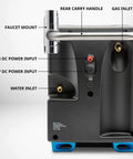 Side view of Portable Propane Water Heater And Shower Pump With Built In Battery Compact Outdoor Cleaning System, showing inputs and outlets.
