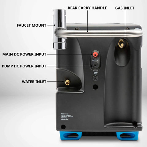 Side view of Portable Propane Water Heater And Shower Pump With Built In Battery Compact Outdoor Cleaning System, showing inputs and outlets.
