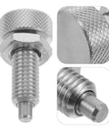 Heavy Duty M10 Stainless Steel Spring Plunger Pin With Knurled Grip Handle And Self Locking Indexing Latch close-up view showing detailed knurled handle.