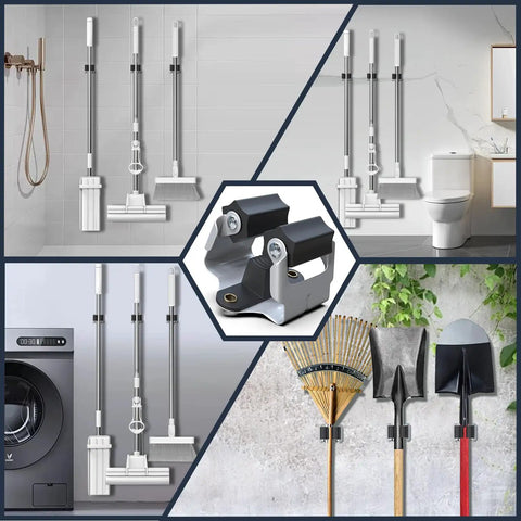 Heavy Duty Mop And Broom Holder Wall Mount 10 Pack Organizer in garage, bathroom, laundry, and garden setups, black steel.