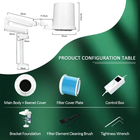 Product configuration of Pro Grade Nail Dust Collector With Dimmable LED Lamp, 360 Degree Adjustable Suction, 2 Reusable Filters, Quiet Industrial Motor