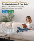 Woman reading on sofa wearing Air Compression Leg Massager Boots For Circulation And All Day Pain Relief with pneumatic massage