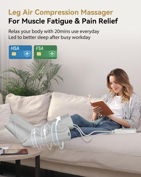 Woman reading on sofa wearing Air Compression Leg Massager Boots For Circulation And All Day Pain Relief with pneumatic massage