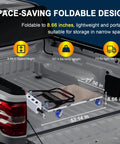 Heavy Duty Electric Hydraulic Lift Table Cart With 48V Power Handling Up To 661 Pounds Easily Foldable Platform in truck bed, showing 8.66 in folded height.