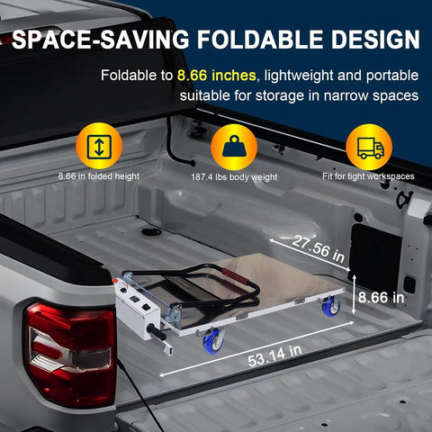 Heavy Duty Electric Hydraulic Lift Table Cart With 48V Power Handling Up To 661 Pounds Easily Foldable Platform in truck bed, showing 8.66 in folded height.