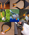 EZPIK Pro 43-inch foldable grabber reacher, black and orange, shows front view, close-up jaws, bottle/can pickup.