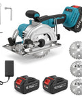 5 Inch Cordless Circular Saw Kit With Brushless Motor 6000 RPM, Includes 2X 3.0Ah Batteries and multiple blades for wood cutting.