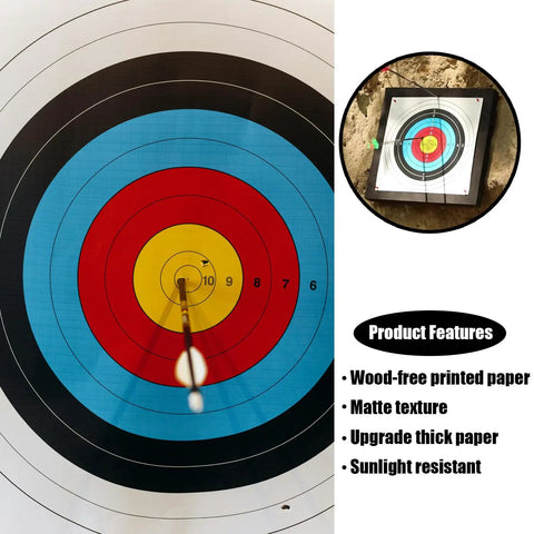Close-up of arrow hitting 50 Piece Archery Target Papers Set with 8 Plastic Target Face Pins and Marker Pen for backyard practice.