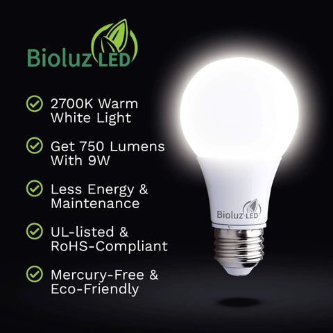 Lit Nine Watt A19 LED Bulbs 2700K Warm White focusing on features and text against black background
