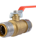 Side view of Push-To-Connect Brass Ball Valve 1 Inch By 1 Inch Water Shut-Off Fitting with red handle for PEX Copper CPVC piping