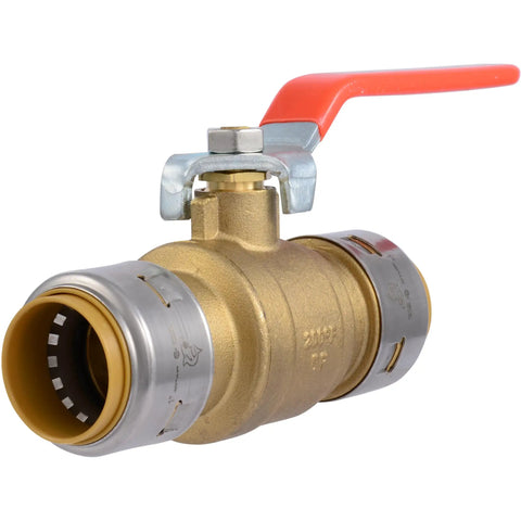 Side view of Push-To-Connect Brass Ball Valve 1 Inch By 1 Inch Water Shut-Off Fitting with red handle for PEX Copper CPVC piping