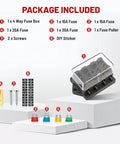 Heavy Duty 4 Way Blade Fuse Block With Slick Damp Proof Cover For Plug And Play Auto Marine Rv Truck Wiring Power Distribution Panel 10 To 32 V Dc Setup with included fuses and tools.