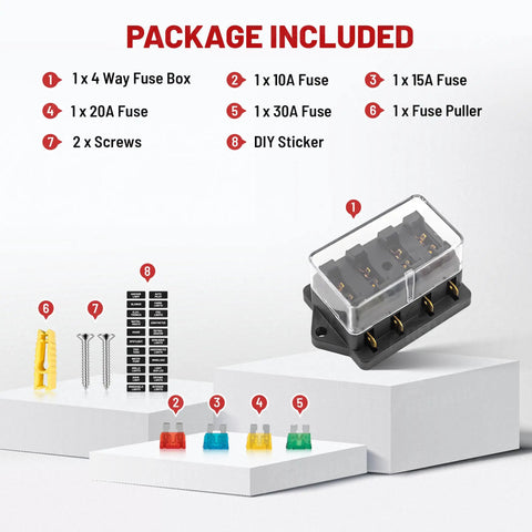 Heavy Duty 4 Way Blade Fuse Block With Slick Damp Proof Cover For Plug And Play Auto Marine Rv Truck Wiring Power Distribution Panel 10 To 32 V Dc Setup with included fuses and tools.