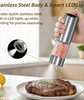 Electric Salt And Pepper Grinder Set with Type C fast charging, stainless steel design showing LED light and ceramic core in use.
