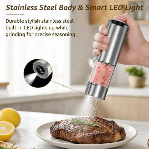Electric Salt And Pepper Grinder Set with Type C fast charging, stainless steel design showing LED light and ceramic core in use.