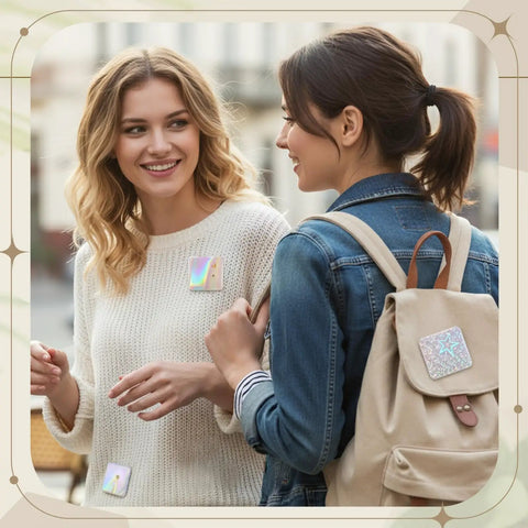 Two women wearing square badges made with 200 Pcs Button Maker Film Kit With Glittering Holographic Sheets For 50 Mm Badges.