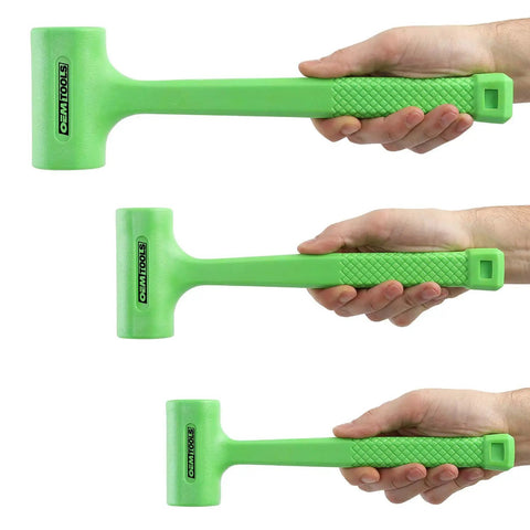 Three Piece Dead Blow Hammer Set With Non Marring Mallets Weighing One Half Pound One Pound And Two Pound Steel Shot Filled