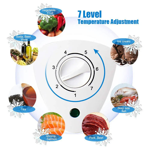 7 level temperature adjustment dial on 3.5 Cubic Feet Deep Chest Freezer With Adjustable Thermostat Compact Freestanding Mini Freezer In Black.