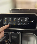 Touchscreen display of Fully Automatic Espresso Machine With Killer LatteGo Milk Frother And True One Touch Cappuccino Setup.
